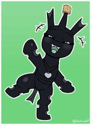 Size: 1043x1430 | Tagged: safe, artist:heretichesh, imported from derpibooru, oc, oc only, changeling, bipedal, changeling oc, cork, cute, cuteling, eyes closed, green background, horn, horn guard, looking at you, open mouth, open smile, simple background, smiling, smiling at you, solo, standing, standing on one leg, waving