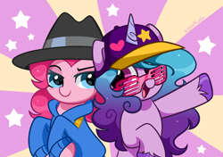 Size: 3922x2758 | Tagged: safe, artist:kittyrosie, imported from derpibooru, izzy moonbow, pinkie pie, earth pony, pony, unicorn, season 4, testing testing 1-2-3, baseball cap, blushing, cap, clothes, cute, diapinkes, duo, female, fit right in (g5), g4, g5, hat, high res, hoodie, izzy the rapper, izzybetes, looking at each other, looking at someone, mare, my little pony: a new generation, open mouth, open smile, rapper, rapper pie, shutter shades, simple background, sunglasses