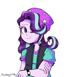 Size: 1280x1472 | Tagged: safe, artist:sadkazooist, imported from derpibooru, starlight glimmer, equestria girls, beanie, female, hat, one eye closed, simple background, smiling, solo, white background, wink