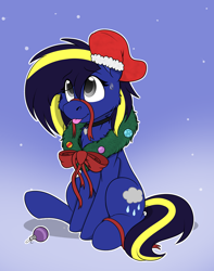 Size: 1744x2208 | Tagged: safe, alternate version, artist:rokosmith26, imported from derpibooru, oc, oc only, oc:watersmoke, earth pony, pony, alternate character, bow, cheek fluff, chest fluff, christmas, christmas stocking, christmas wreath, commission, earth pony oc, female, floppy ears, gradient background, holiday, jewelry, looking up, mare, necklace, one ear down, raised hoof, ribbon, simple background, sitting, smiling, solo, sweat, sweatdrop, tail, tongue out, wreath, ych result