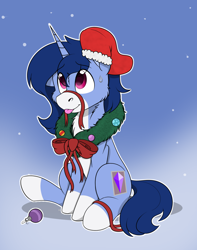 Size: 1744x2208 | Tagged: safe, alternate version, artist:rokosmith26, imported from derpibooru, oc, oc only, oc:crystal glaze, pony, unicorn, alternate character, bow, cheek fluff, chest fluff, christmas, christmas stocking, christmas wreath, commission, floppy ears, gradient background, holiday, horn, looking up, male, markings, one ear down, raised hoof, ribbon, simple background, sitting, smiling, solo, stallion, sweat, sweatdrop, tail, tongue out, unicorn horn, unicorn oc, wreath, ych result