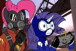 Size: 851x580 | Tagged: safe, artist:legendoflink, imported from derpibooru, pinkie pie, rarity, earth pony, pony, unicorn, /mlp/ tf2 general, clothes, flamethrower, gas mask, glowing, glowing eyes, glowing eyes of doom, mask, ms paint, pinkie pyro, pyro, rarispy, sapper, spy, suit, sweat, team fortress 2, this will end in cupcakes, this will end in fire, this will not end well, weapon, you better get ready to die