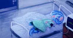 Size: 2152x1140 | Tagged: safe, alternate version, artist:menalia, imported from derpibooru, oc, oc only, oc:freezy coldres, pony, unicorn, awakening, bandage, bed, blanket, clothes, door, female, horn, hospital, lying, lying down, mare, on back, pants, skirt