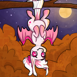 Size: 2048x2048 | Tagged: safe, artist:sharkddless, imported from derpibooru, oc, oc only, oc:vesper, bat pony, autumn, bat pony oc, bat wings, forest, full moon, hanging, hanging upside down, high res, moon, night, pink mane, pink wings, prehensile tail, smiling, tail, upside down, wings