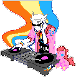 Size: 840x852 | Tagged: safe, artist:blk-kitti, artist:diamondwolfq, imported from derpibooru, pinkie pie, rainbow dash, human, pony, brony, crossover, dirk strider, glasses, headphones, homestuck, male, manepxls, pinkie pie's cutie mark, pixel art, plushie, pony plushie, pxls.space, rainbow dash's cutie mark, simple background, smiling, solo, transparent background, turntable