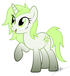 Size: 3000x3246 | Tagged: safe, artist:kaitykat117, imported from derpibooru, oc, oc only, oc:kaito(kaitykat), pony, unicorn, base used, eyelashes, full body, green eyes, green mane, green tail, high res, horn, open mouth, open smile, raised hoof, show accurate, signature, simple background, smiling, solo, standing, tail, transparent background, unicorn oc, vector