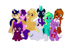 Size: 5030x3030 | Tagged: safe, artist:lynnthenerdkitty, imported from derpibooru, oc, oc only, oc:beau style, oc:delta, oc:glass chip, oc:shatter, oc:sirius canis major, oc:soundbreaker, oc:starshine twinkle, oc:storming dust, oc:tilly, oc:ultraviolet light, earth pony, pegasus, pony, unicorn, derpibooru community collaboration, 2022 community collab, earth pony oc, grin, group photo, high res, hooves, horn, lying down, multiple characters, pegasus oc, plushie, prone, raised hoof, simple background, sitting, smiling, standing, transparent background, two toned mane, unicorn oc