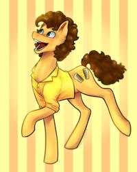 Size: 980x1227 | Tagged: safe, artist:metalcoward, imported from derpibooru, cheese sandwich, earth pony, pony, clothes, male, open mouth, open smile, shirt, smiling, solo, stallion, striped background