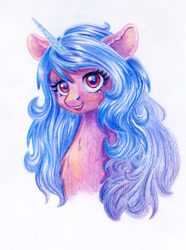 Size: 827x1111 | Tagged: safe, artist:maytee, imported from derpibooru, izzy moonbow, pony, unicorn, bust, g5, my little pony: a new generation, portrait, simple background, smiling, solo, traditional art, white background