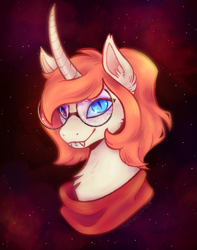 Size: 511x649 | Tagged: safe, artist:metalcoward, imported from derpibooru, oc, oc only, oc:bellai, pony, unicorn, bust, clothes, curved horn, fangs, glasses, heterochromia, horn, lip piercing, lip ring, round glasses, scarf, slit pupils, solo, space background