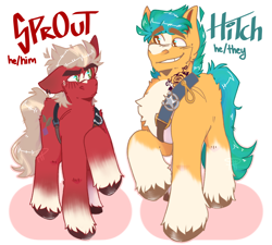 Size: 1280x1153 | Tagged: safe, artist:angelpubs, imported from derpibooru, hitch trailblazer, sprout cloverleaf, earth pony, pony, blushing, chest fluff, coat markings, duo, duo male, eye contact, eyebrows, eyebrows visible through hair, floppy ears, g5, grin, looking at each other, male, my little pony: a new generation, pronouns, raised hoof, simple background, smiling, socks (coat markings), stallion, text, transparent background, unshorn fetlocks