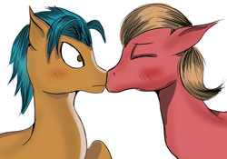 Size: 1280x895 | Tagged: safe, artist:mallowcupcake, imported from derpibooru, hitch trailblazer, sprout cloverleaf, earth pony, pony, blushing, duo, duo male, eyes closed, floppy ears, g5, gay, hitchsprout, kissing, male, my little pony: a new generation, shipping, simple background, stallion, white background, wide eyes