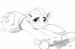 Size: 2048x1338 | Tagged: safe, artist:beckydoki, imported from derpibooru, sprout cloverleaf, earth pony, pony, black and white, g5, grayscale, lineart, male, meme, monochrome, my little pony: a new generation, ponified meme, sad sprout, smoothie, solo, spilled drink, stallion, teary eyes