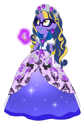 Size: 444x646 | Tagged: safe, artist:gihhbloonde, imported from derpibooru, oc, oc only, oc:sci bella, equestria girls, base used, clothes, dress, ear piercing, eyelashes, female, glasses, jewelry, lipstick, looking up, magic glow, piercing, simple background, smiling, solo, tiara, transparent background