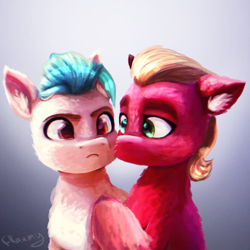 Size: 768x768 | Tagged: safe, artist:fraumflug, imported from derpibooru, hitch trailblazer, sprout cloverleaf, earth pony, pony, cheek kiss, colored pupils, duo, duo male, ear fluff, eyebrows, g5, gay, hitchsprout, kissing, male, my little pony: a new generation, shipping, signature, stallion