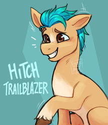 Size: 1336x1555 | Tagged: safe, artist:vinnybox, imported from derpibooru, hitch trailblazer, earth pony, pony, dreamworks face, g5, male, my little pony: a new generation, smiling, solo, stallion, text