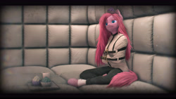 Size: 9600x5400 | Tagged: safe, artist:imafutureguitarhero, imported from derpibooru, pinkie pie, anthro, earth pony, unguligrade anthro, 3d, absurd file size, absurd resolution, asylum, big ears, black bars, blurry, cargo pants, cheek fluff, chromatic aberration, clothes, colored eyebrows, colored eyelashes, cup, cupcake, cute little fangs, detailed hair, dirty lens, ear fluff, fangs, female, film grain, floppy ears, fluffy, food, frown, fur, hoof fluff, hooves, implied insanity, isolation, leg wraps, lidded eyes, long hair, long mane, mare, messy hair, messy mane, messy tail, neck fluff, nose fluff, nose wrinkle, padded cell, paintover, pants, paper cup, pinkamena diane pie, restrained, revamped anthros, revamped ponies, sad, scruffy, signature, sitting, sitting on floor, solo, source filmmaker, straitjacket, tail, teeth, tray, vignette, wall of tags
