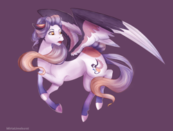 Size: 1600x1213 | Tagged: safe, artist:mirtalimeburst, imported from derpibooru, oc, oc only, pegasus, pony, looking back, purple background, simple background, solo, wings