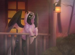 Size: 1900x1400 | Tagged: safe, artist:mirtalimeburst, imported from derpibooru, oc, oc only, pegasus, pony, clothes, hoodie, lantern, outdoors, pegasus oc, solo, wings