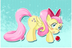 Size: 553x369 | Tagged: safe, artist:stalemeat, imported from derpibooru, fluttershy, pegasus, pony, :o, abstract background, alternate hairstyle, apple, blushing, bow, female, food, hair bow, mare, open mouth, wings