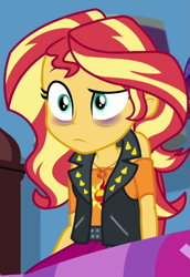 Size: 603x877 | Tagged: safe, imported from derpibooru, screencap, sunset shimmer, equestria girls, equestria girls series, holidays unwrapped, spoiler:eqg series (season 2), bags under eyes, blizzard or bust, cropped, exhausted, female, geode of empathy, magical geodes, sci-twi's room, solo