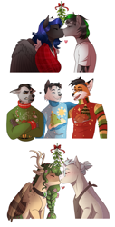 Size: 1827x3605 | Tagged: safe, artist:royvdhel-art, imported from derpibooru, oc, oc only, anthro, fox, pegasus, pony, anthro with ponies, antlers, blushing, bust, clothes, commission, crossed arms, kissing, mistletoe, oc x oc, pegasus oc, shipping, simple background, sweater, white background, wings, ych result