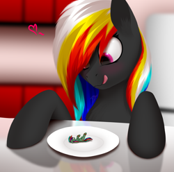 Size: 2523x2500 | Tagged: safe, artist:darky_wings, imported from derpibooru, oc, oc only, oc:darky wings, earth pony, pegasus, pony, commission, female, fetish, heart, high res, hooves, kitchen, licking, licking lips, looking down, lying down, macro, macro/micro, micro, on back, tongue out