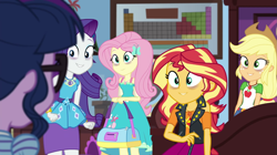 Size: 1919x1078 | Tagged: safe, imported from derpibooru, screencap, applejack, fluttershy, rarity, sci-twi, sunset shimmer, twilight sparkle, equestria girls, equestria girls series, holidays unwrapped, spoiler:eqg series (season 2), bags under eyes, bedroom, blizzard or bust, rarity peplum dress