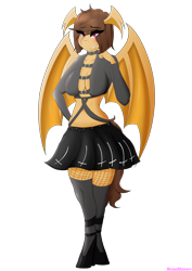 Size: 2480x3507 | Tagged: safe, artist:drawalaverr, imported from derpibooru, oc, oc only, oc:midnight cakepowder, anthro, bat pony, anthro oc, bat pony oc, bat wings, blushing, clothes, commission, eye clipping through hair, eyeshadow, female, fishnet clothing, fishnets, high heels, high res, looking at you, makeup, mare, shoes, simple background, skirt, smiling, smiling at you, socks, solo, transparent background, vector, wings