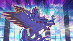 Size: 2500x1406 | Tagged: safe, artist:redchetgreen, artist:taneysha, imported from derpibooru, princess celestia, alicorn, pony, chest fluff, colored wings, colored wingtips, eyes closed, female, mare, multicolored wings, praise the sun, rearing, slim, solo, spread wings, stained glass, thin legs, wings