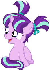 Size: 7000x9900 | Tagged: safe, artist:tardifice, imported from derpibooru, starlight glimmer, pony, unicorn, the crystalling, absurd resolution, blue eyes, cute, female, filly, filly starlight glimmer, foal, full body, glimmerbetes, horn, looking back, multicolored mane, multicolored tail, open mouth, open smile, pigtails, simple background, sitting, smiling, solo, tail, transparent background, vector, younger