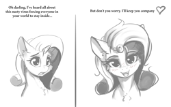 Size: 2726x1708 | Tagged: safe, artist:alcor, imported from derpibooru, rarity, pony, unicorn, cheek fluff, coronavirus, covid-19, darling, female, heart, looking at you, mare, monochrome, simple background, sketch, talking to viewer, text, white background