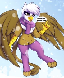 Size: 1698x2063 | Tagged: safe, artist:shadowreindeer, imported from derpibooru, gilda, anthro, griffon, belly button, chest fluff, clothes, eyelashes, female, flying, implied rainbow dash, leggings, looking at someone, scarf, snow, socks, solo, stockings, talking, thigh highs, toeless socks, wings