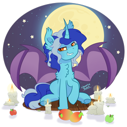 Size: 2200x2200 | Tagged: safe, artist:liquorice_sweet, imported from derpibooru, oc, oc only, oc:rain bright, bat pony, pony, apple, candle, chest fluff, food, halloween, high res, holiday, male, mango, moon, night, simple background, solo, stars, transparent background