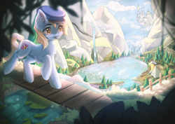 Size: 4093x2894 | Tagged: safe, artist:hikerumin, imported from derpibooru, oc, oc only, earth pony, pony, bridge, canterlot, chest fluff, commission, fence, lake, lilypad, mountain, river, scenery, solo, stream, water, waterfall