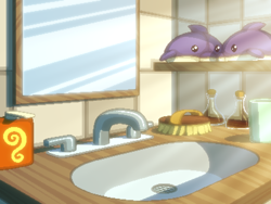 Size: 800x600 | Tagged: safe, artist:rangelost, imported from derpibooru, cyoa:d20 pony, bathroom, brush, cyoa, mirror, no pony, pixel art, plushie, sink, story included