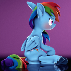 Size: 2037x2036 | Tagged: safe, artist:psfmer, imported from derpibooru, rainbow dash, pegasus, pony, 3d, angry, blushing, butt, cute, dashabetes, dock, female, frown, glare, high res, looking away, madorable, mare, plot, purple background, rainbutt dash, revamped ponies, simple background, sitting, solo, source filmmaker, tail, tsunderainbow, tsundere, unshorn fetlocks, wings