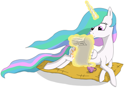 Size: 2592x1803 | Tagged: safe, artist:enteryourponyname, imported from derpibooru, princess celestia, alicorn, pony, cup, letter, magic, magic aura, pillow, reading, simple background, solo, teacup, white background