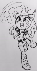 Size: 1342x2571 | Tagged: safe, artist:shadowhawx, imported from derpibooru, apple bloom, equestria girls, adorabloom, boots, bow, clothes, cowboy boots, cute, hair bow, monochrome, overalls, pigeon toed, shoes, smiling, solo, traditional art, waving