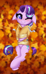 Size: 2580x4100 | Tagged: safe, alternate version, artist:confetticakez, imported from derpibooru, starlight glimmer, oc, oc:sunlight bolt, pony, unicorn, alternate character, autumn, autumn leaves, clothes, commission, cute, floppy ears, glimmbolt, glimmerbetes, hoodie, leaf, leaves, oc cutie mark, one eye closed, solo, wink, ych result