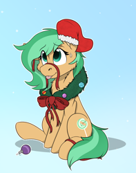 Size: 1744x2208 | Tagged: safe, alternate version, artist:rokosmith26, imported from derpibooru, oc, oc only, oc:minty pop, earth pony, pony, alternate character, bow, cheek fluff, chest fluff, christmas, christmas stocking, christmas wreath, commission, earth pony oc, female, floppy ears, gradient background, holiday, looking up, mare, one ear down, raised hoof, ribbon, simple background, sitting, smiling, solo, sweat, sweatdrop, tail, tongue out, wreath, ych result