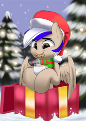 Size: 1280x1807 | Tagged: safe, artist:joaothejohn, imported from derpibooru, oc, oc only, pegasus, chocolate, christmas, clothes, commission, cookie, cute, food, forest, holiday, hot chocolate, pegasus oc, present, scarf, smiling, snow, solo, tree, wings, your character here