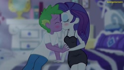 Size: 3640x2048 | Tagged: safe, artist:georgegarza01, imported from derpibooru, rarity, spike, human, equestria girls, bed, black nightgown, blushing, breasts, busty rarity, cleavage, clothes, eyes closed, female, high res, holding hands, human spike, kiss on the lips, kissing, male, night, nightgown, rarity's bedroom, shipping, shirt, sparity, story included, straight