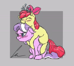 Size: 2315x2063 | Tagged: safe, artist:fam_trust, imported from derpibooru, apple bloom, diamond tiara, earth pony, pony, adorabloom, blushing, cute, diamond tiara is not amused, diamondbetes, diamondbloom, ears back, female, filly, high res, jewelry, lesbian, shipping, tiara