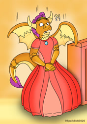 Size: 1024x1449 | Tagged: safe, artist:sparkbolt3020, imported from derpibooru, part of a set, smolder, dragon, box, clothes, dress, exclamation point, inanimate tf, interrobang, jewelry, open mouth, plastic, question mark, shrinking, solo, tiara, transformation, transformation sequence