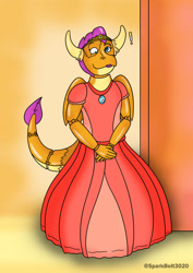 Size: 1024x1449 | Tagged: safe, artist:sparkbolt3020, imported from derpibooru, part of a set, smolder, dragon, box, clothes, commission, doll, dollified, dress, exclamation point, inanimate tf, shrinking, solo, transformation, transformation sequence