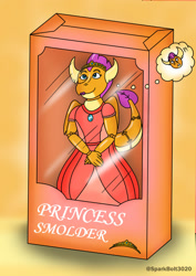 Size: 1024x1449 | Tagged: safe, artist:sparkbolt3020, imported from derpibooru, part of a set, smolder, dragon, box, clothes, confusion, dress, exclamation point, inanimate tf, interrobang, princess smolder, question mark, solo, thought bubble, toy, transformation, transformation sequence