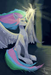 Size: 2800x4096 | Tagged: safe, artist:thelordgemm, imported from derpibooru, princess celestia, alicorn, pony, eyes closed, female, glowing, glowing horn, horn, solo, spread wings, windswept hair, wings