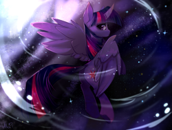 Size: 1253x949 | Tagged: safe, artist:rainbowgirlyt, imported from derpibooru, twilight sparkle, alicorn, pony, curved horn, female, horn, looking back, solo, spread wings, twilight sparkle (alicorn), wings