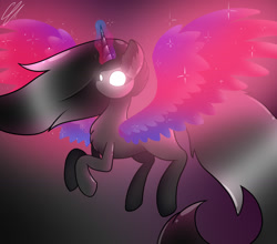 Size: 1566x1376 | Tagged: safe, artist:yanderecomet, imported from derpibooru, oc, oc only, alicorn, pony, alicorn oc, female, flying, glowing, glowing eyes, glowing horn, horn, red and black oc, solo, spread wings, wings